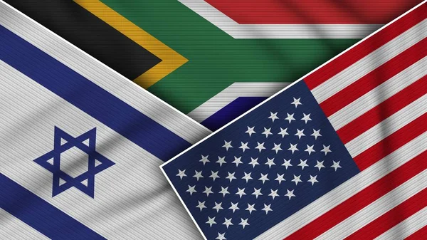 Sudáfrica Estados Unidos América Israel Banderas Juntas Textura Tela Efecto — Foto de Stock