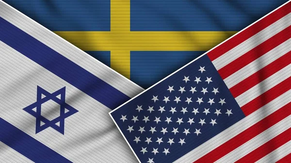 Suecia Estados Unidos América Israel Banderas Juntos Textura Tela Efecto — Foto de Stock