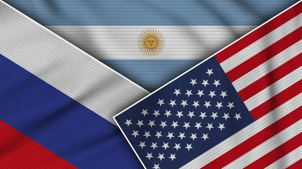 Argentina Estados Unidos América Rusia Banderas Juntos Textura Tela Efecto — Foto de Stock