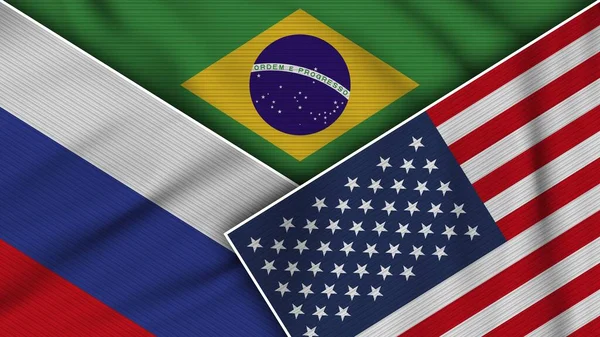 Brasil Estados Unidos América Rússia Bandeiras Juntas Tela Textura Efeito — Fotografia de Stock
