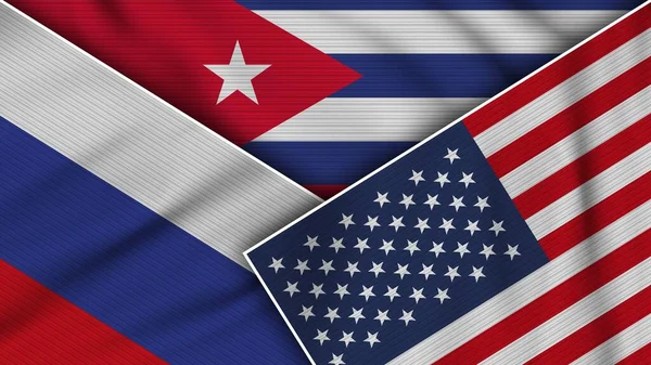 Kuba Stany Zjednoczone Ameryki Rosja Flagi Razem Efekt Tekstury Tkaniny — Zdjęcie stockowe