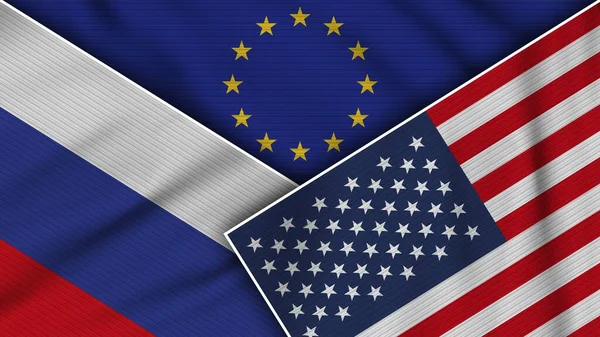 Avrupa Birliği Amerika Birleşik Devletleri Rusya Birlikte Bayraklar Kumaş Doku — Stok fotoğraf