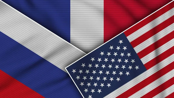 Fransa Amerika Birleşik Devletleri Rusya Birlikte Bayraklar Kumaş Doku Etkisi — Stok fotoğraf