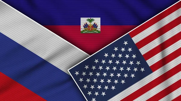 Haiti Amerika Birleşik Devletleri Rusya Birlikte Bayraklar Kumaş Doku Etkisi — Stok fotoğraf