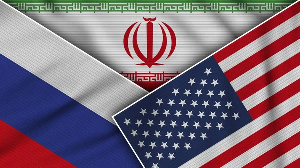 Іран Сполучені Штати Америки Russia Flags Together Fabric Texture Effect — стокове фото