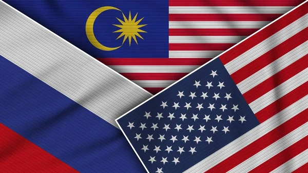 Malaysia United States America Russia Flags Together Fabric Texture Effect — Stock Photo, Image