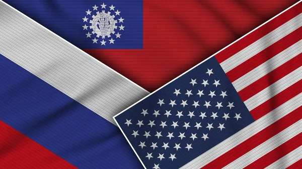 Myanmar Burma Vereinigte Staaten Von Amerika Russland Fahnen Zusammen Stoff — Stockfoto