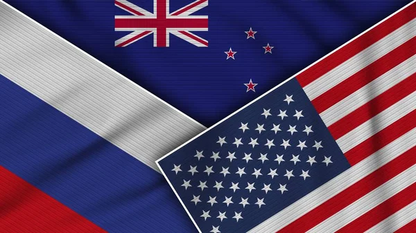 New Zealand United States America Russia Flags Together Fabric Texture — 스톡 사진