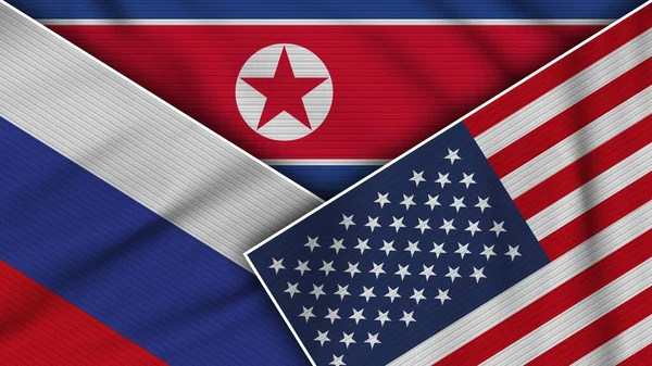 Coreia Norte Estados Unidos América Rússia Bandeiras Juntas Tela Textura — Fotografia de Stock