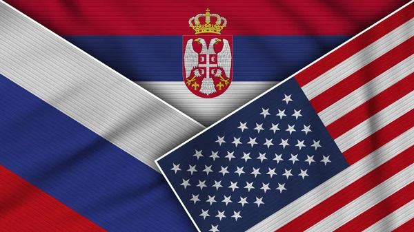 Srbsko Spojené Státy Americké Russia Flags Together Fabric Texture Effect — Stock fotografie