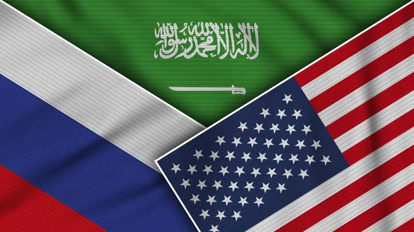 Arabia Saudita Stati Uniti America Russia Bandiere Insieme Tessuto Texture — Foto Stock