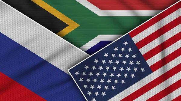 Sydafrika Usa Ryssland Flaggor Tillsammans Tyg Textur Effekt Illustration — Stockfoto