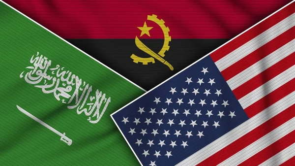 Angola Stati Uniti America Arabia Saudita Bandiere Insieme Tessuto Texture — Foto Stock