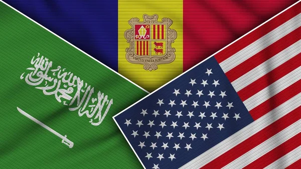 Andorra United States America Saudi Arabia Flagg Together Fabric Texture – stockfoto