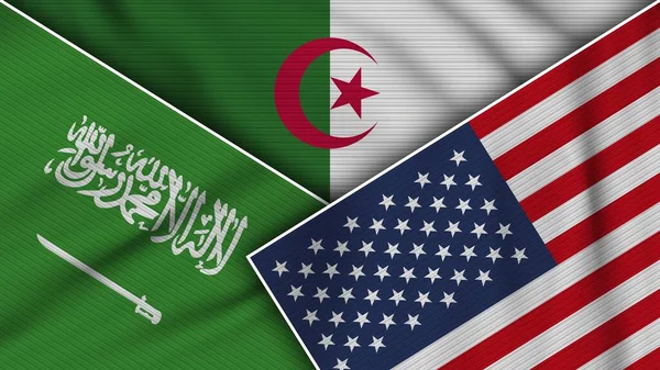 Algeria Stati Uniti America Arabia Saudita Bandiere Insieme Tessuto Texture — Foto Stock