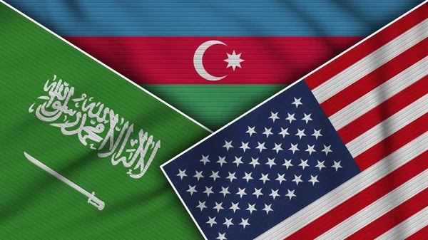 Azerbaigian Stati Uniti America Arabia Saudita Bandiere Insieme Tessuto Texture — Foto Stock