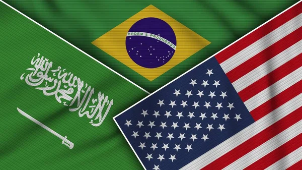 Brasile Stati Uniti America Arabia Saudita Bandiere Insieme Tessuto Texture — Foto Stock