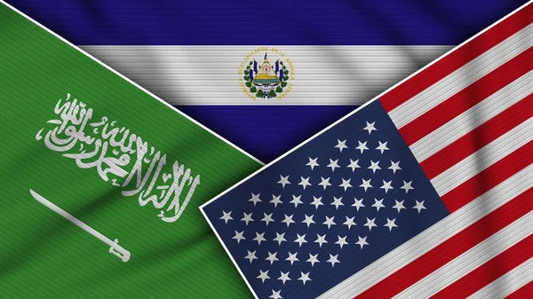 Salvador Stati Uniti America Arabia Saudita Bandiere Insieme Tessuto Texture — Foto Stock