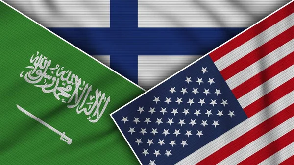 Finlandia Stati Uniti America Arabia Saudita Bandiere Insieme Tessuto Texture — Foto Stock