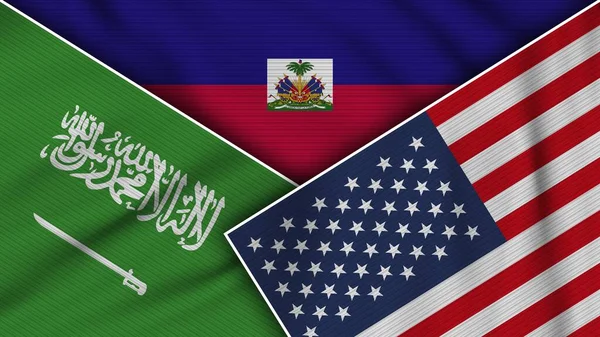 Haiti Stati Uniti America Arabia Saudita Bandiere Insieme Tessuto Texture — Foto Stock