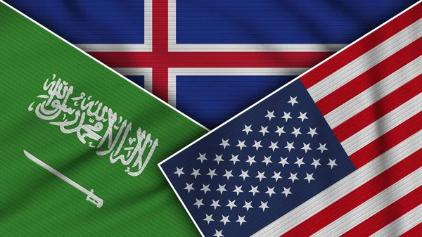 Islanda Stati Uniti America Arabia Saudita Bandiere Insieme Tessuto Texture — Foto Stock