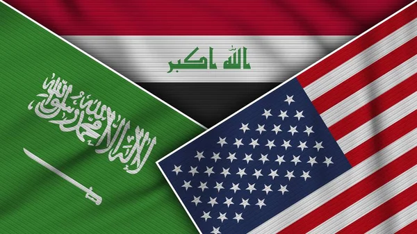 Iraq Stati Uniti America Arabia Saudita Bandiere Insieme Tessuto Texture — Foto Stock