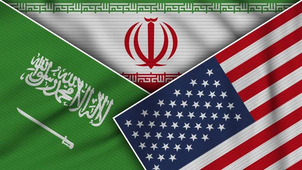 Iran Stati Uniti America Arabia Saudita Bandiere Insieme Tessuto Texture — Foto Stock