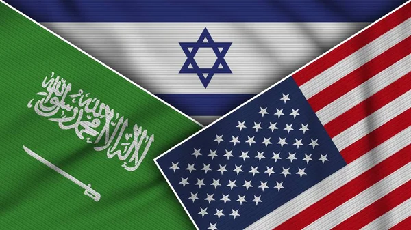 Israele Stati Uniti America Arabia Saudita Bandiere Insieme Tessuto Texture — Foto Stock