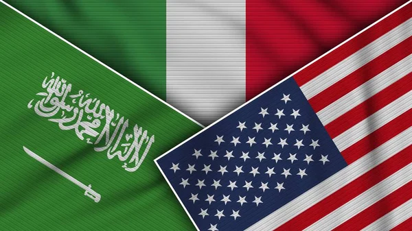 Italia Stati Uniti America Arabia Saudita Bandiere Insieme Tessuto Texture — Foto Stock