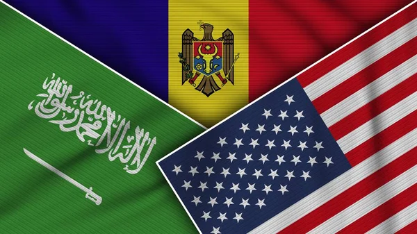 Moldova Stati Uniti America Arabia Saudita Bandiere Insieme Tessuto Texture — Foto Stock