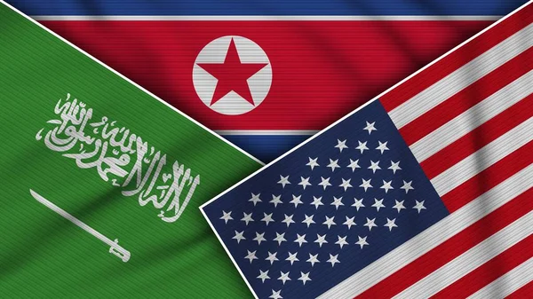 Coreia Norte Estados Unidos América Arábia Saudita Bandeiras Juntas Tela — Fotografia de Stock