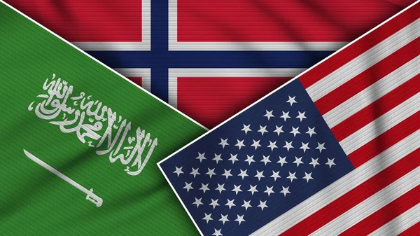 Norvegia Stati Uniti America Arabia Saudita Bandiere Insieme Tessuto Texture — Foto Stock