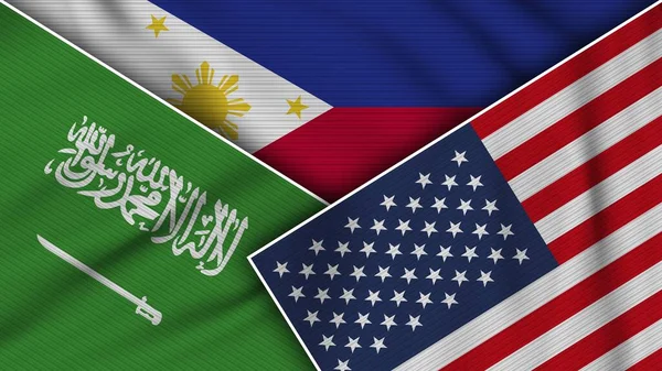 Filippine Stati Uniti America Arabia Saudita Bandiere Insieme Tessuto Texture — Foto Stock