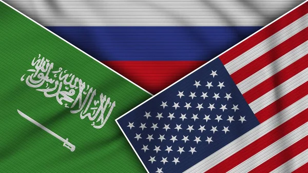 Russia Stati Uniti America Arabia Saudita Bandiere Insieme Tessuto Texture — Foto Stock