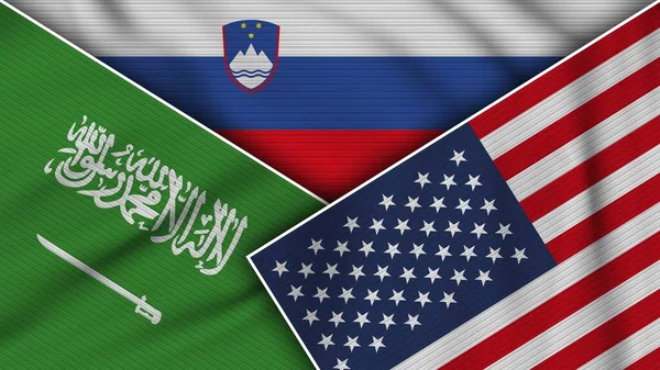 Slovenia Stati Uniti America Arabia Saudita Bandiere Insieme Tessuto Texture — Foto Stock