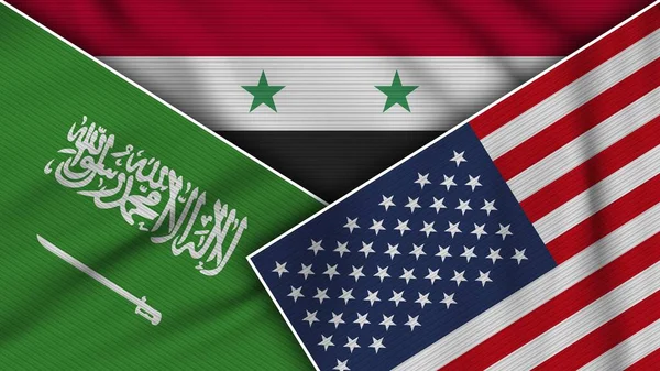 Siria Stati Uniti America Arabia Saudita Bandiere Insieme Tessuto Texture — Foto Stock