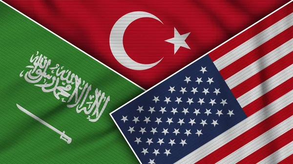 Turchia Stati Uniti America Arabia Saudita Bandiere Insieme Tessuto Texture — Foto Stock