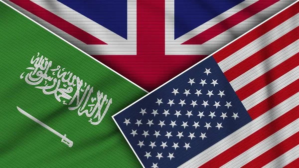 Egyesült Királyság Amerikai Egyesült Államok Szaúd Arábia Flags Together Fabric — Stock Fotó