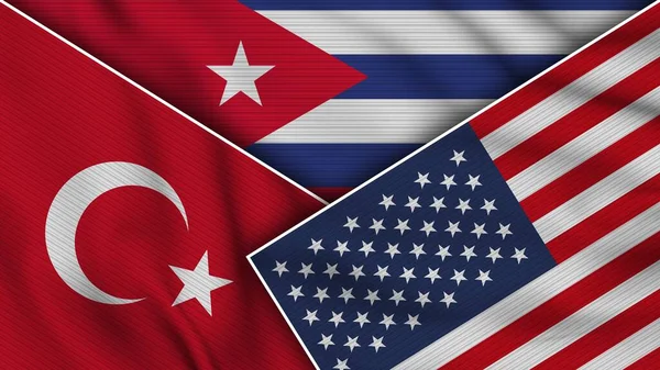 古巴美利坚合众国土耳其国旗一起 织物纹理效果说明 — 图库照片