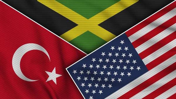 Jamaica United States America Turkey Flags Together Fabric Texture Effect — ストック写真