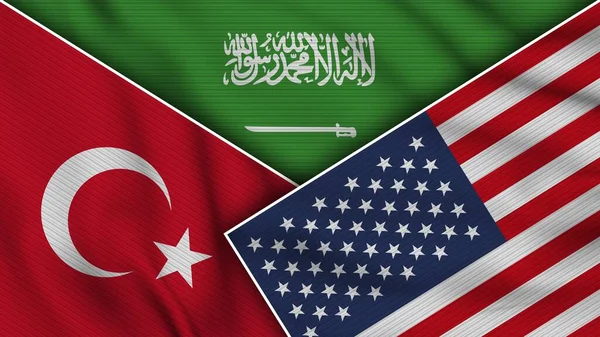 Saudi Arabia United States America Turkey Flags Together Fabric Texture — Stock Photo, Image