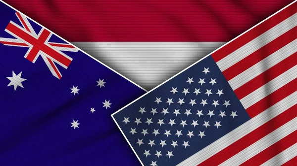 Indonézia Amerikai Egyesült Államok Ausztrália Zászlók Együtt Szövet Textúra Hatása — Stock Fotó