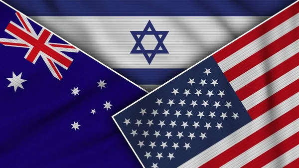Izrael Amerikai Egyesült Államok Ausztrália Zászlók Együtt Szövet Textúra Hatás — Stock Fotó