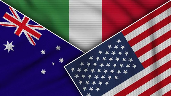意大利美利坚合众国澳大利亚国旗一起 织物纹理效果说明 — 图库照片