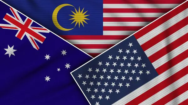 Malaysia United States America Australia Flags Together Fabric Texture Effect — Stock Photo, Image