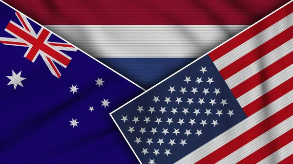 オランダアメリカ合衆国オーストラリア国旗一緒にファブリックテクスチャ効果イラスト — ストック写真