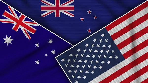ニュージーランドアメリカ合衆国オーストラリアフラッグ一緒にファブリックテクスチャ効果イラスト — ストック写真