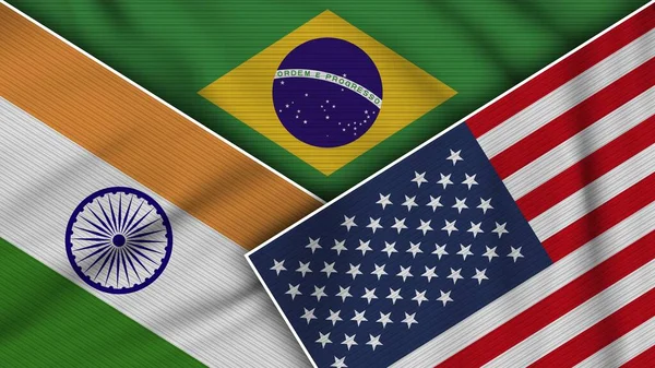 Brazil United States of America India Flags Together Fabric Texture Effect Illustration