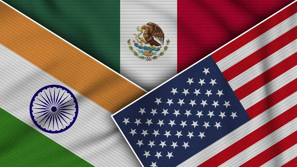 Mexiko Spojené Státy Americké India Flags Together Fabric Texture Effect — Stock fotografie