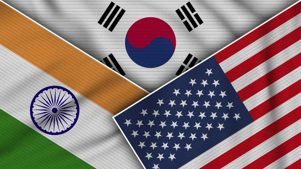 Jižní Korea Spojené Státy Americké India Flags Together Fabric Texture — Stock fotografie